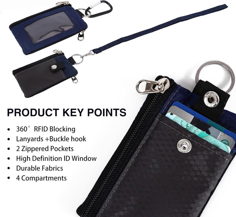 MASAPHIL MASAPHlL Small Lanyard Wallet for Women/Men with RFID Blocking ID Card Wallet, Minimalist Nylon Zipper Pouch, Travel Neck Wallet with Keychain, ID Window for Card,Coin,Cash (Dark Gray+Dark Blue) - Image 3
